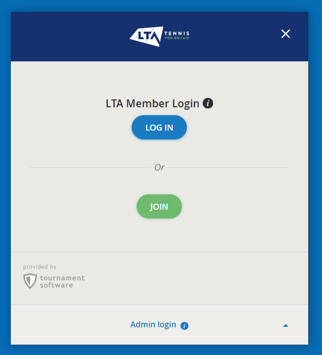 LTA Member Login screen with LOG IN and JOIN buttons