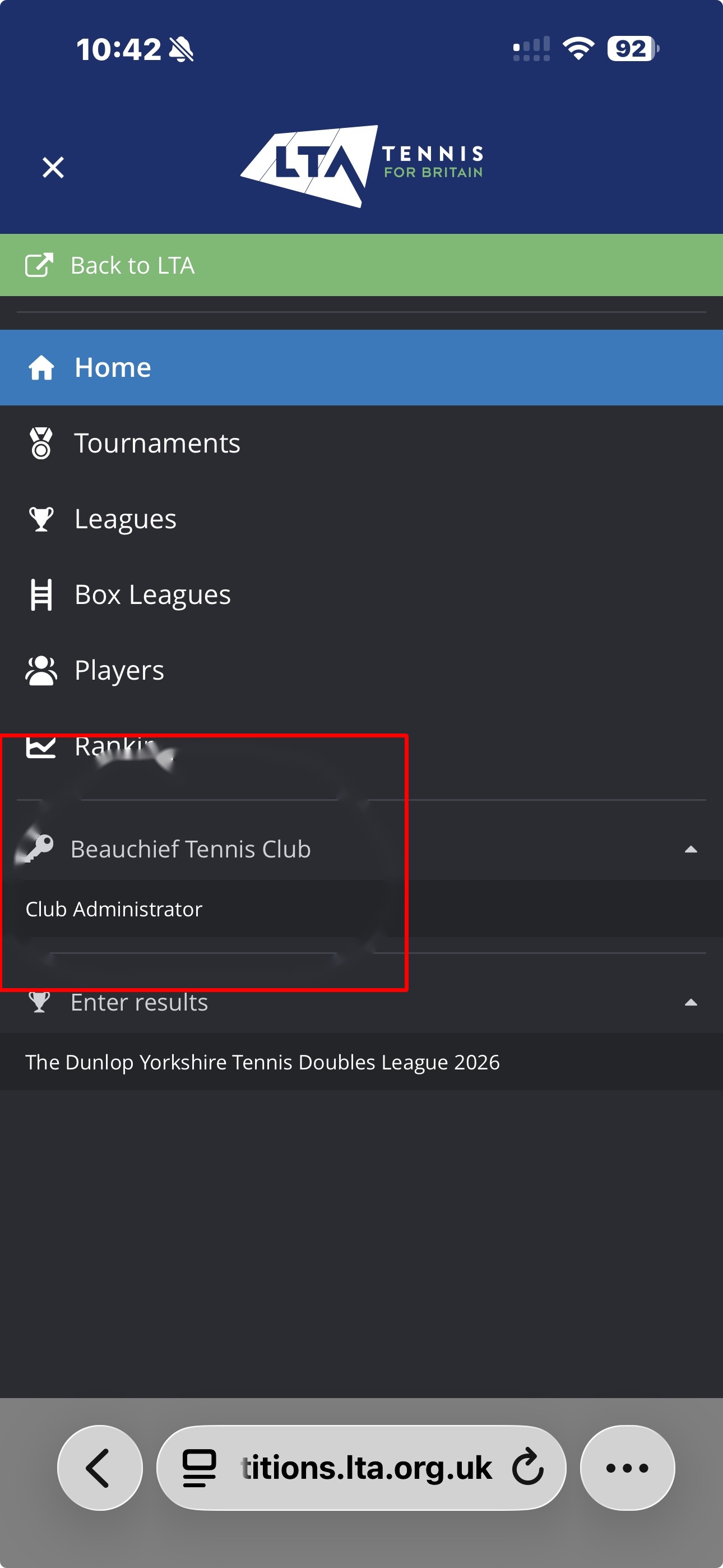 LTA competitions site menu showing the club selection and role