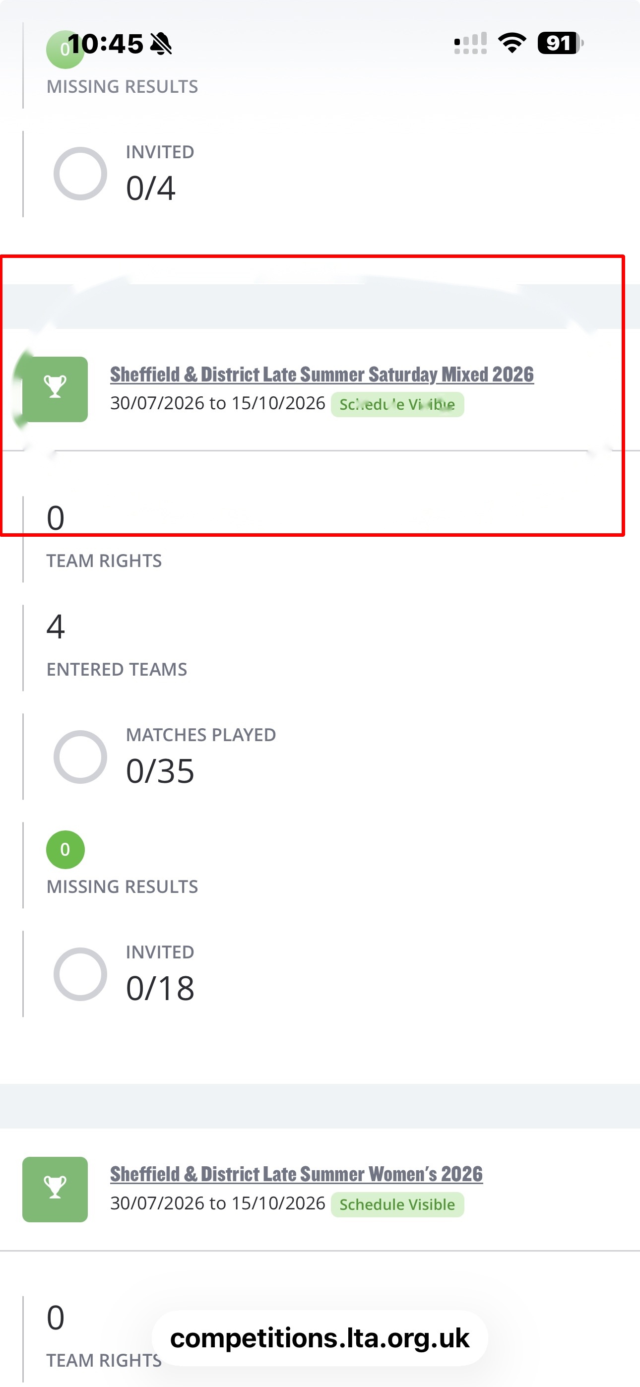 Club dashboard showing the league selection