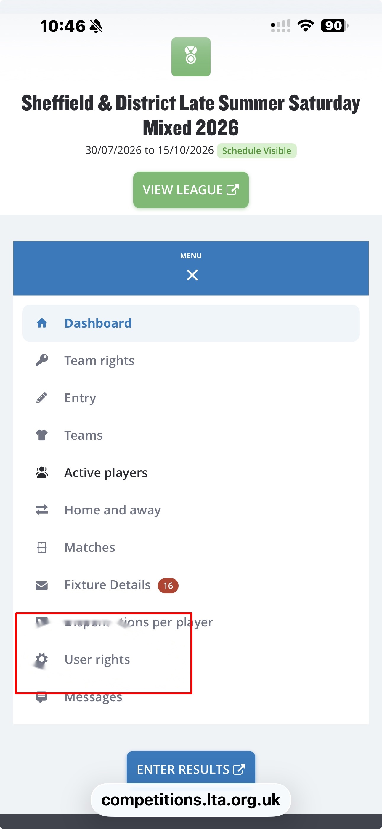 Expanded league menu showing the User rights option