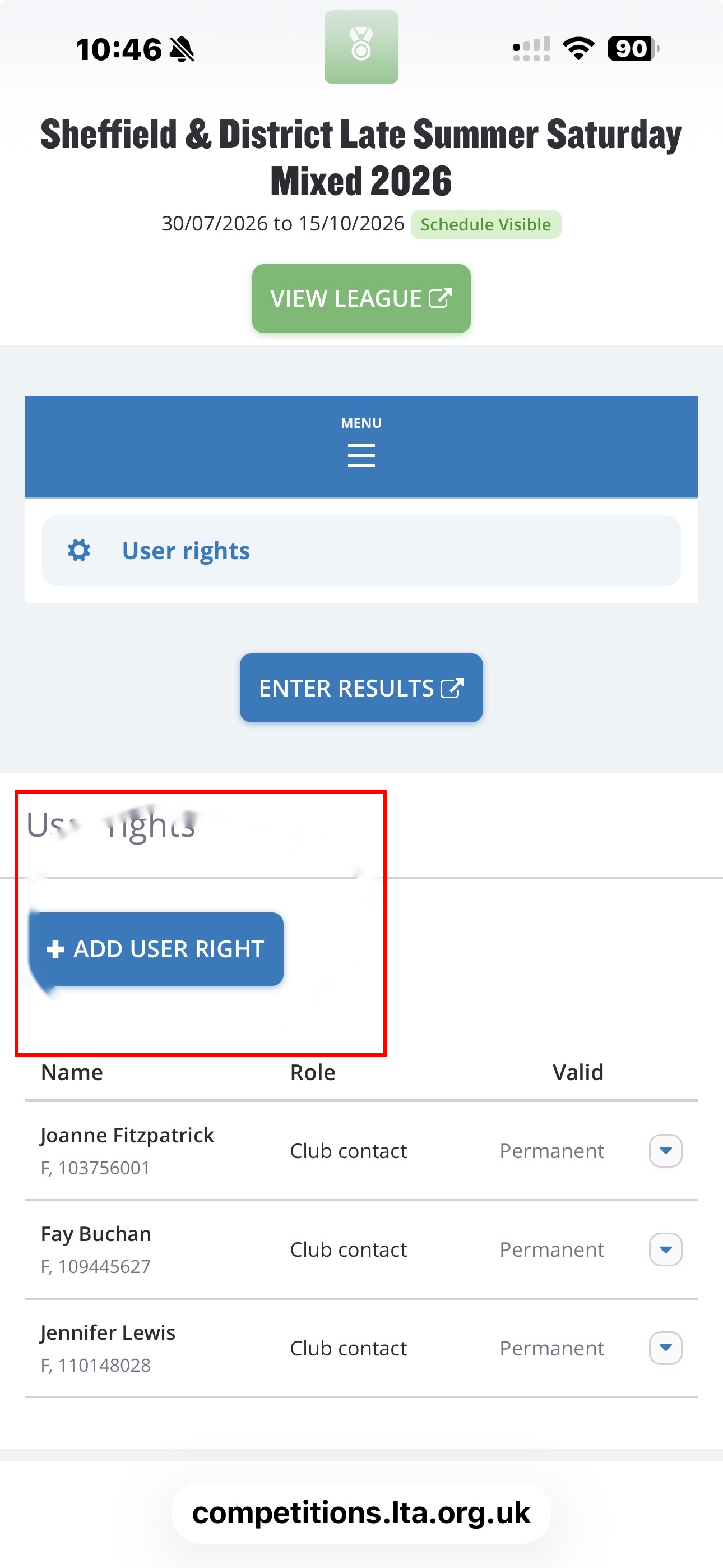 User rights page showing the + ADD USER RIGHT button
