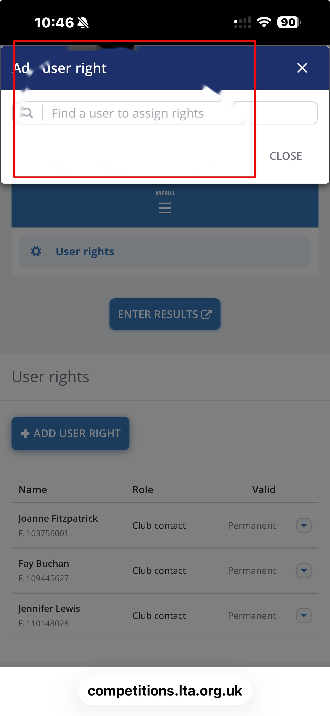 Add user right pop-up with a search box
