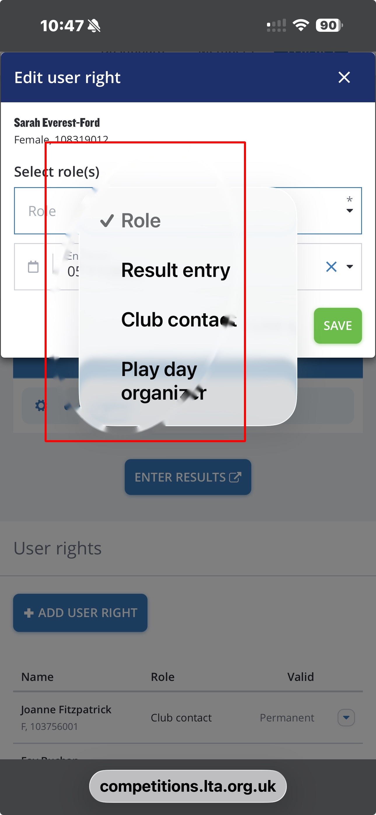 Edit user right screen on a mobile device